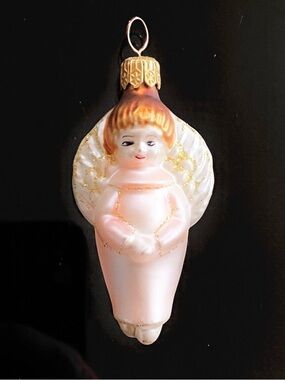 Vtg Christmas Ornament Glass Angel Girl Pink Dress Gold Glitter 3.5”